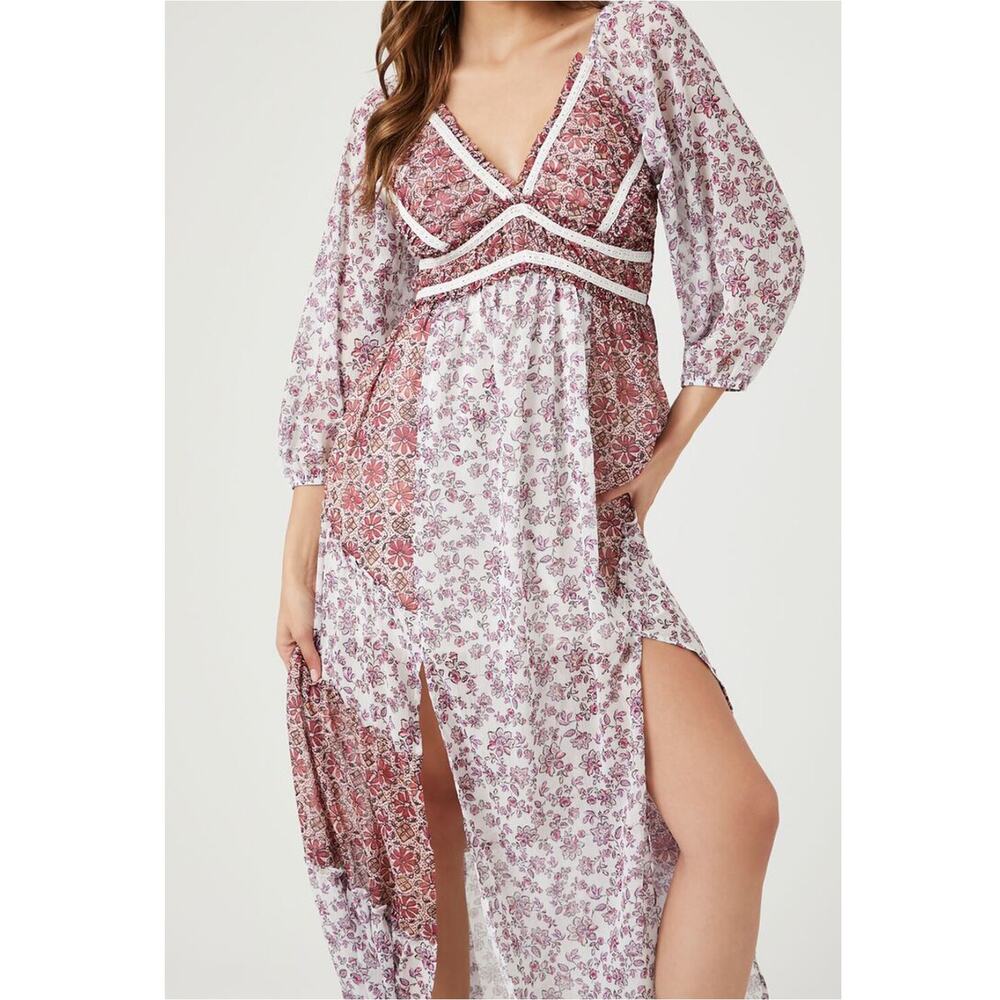 Forever 21 Ditsy Floral Slit Maxi Dress Tiered Patchwork Ruffled Cottagecore NWT